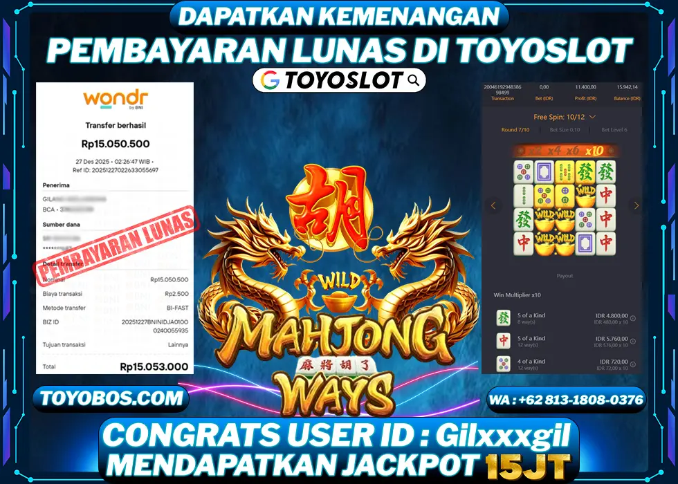 TOYOSLOT - BUKTI KEMENANGAN MAHJONG WAYS Rp15,053,000,- LUNAS